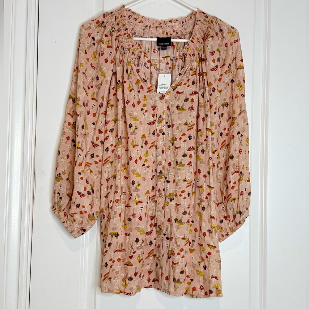Wallpapher Mushroom Print Rayon Blouse Womens size XXL 2X NWT Mushroomcore